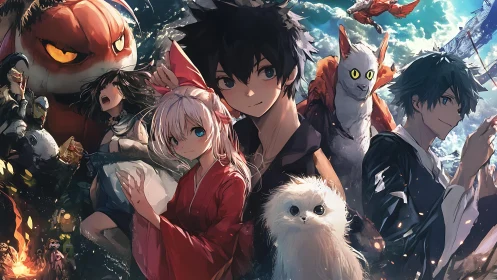 Anime friends with spirit creatures in vivid fantasy world.