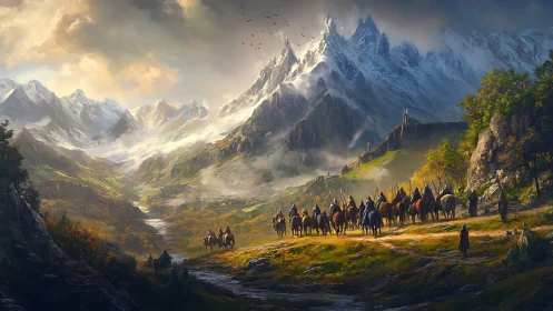 Mountainward riders under sermon of light and stormed peaks.