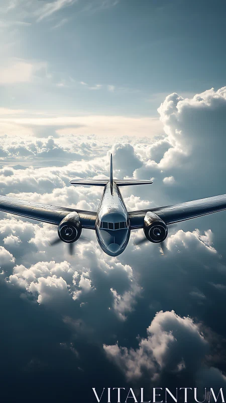 Streamlined twin‑engine airliner slicing through stratocumulus skies.