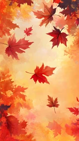 Autumn maple leaves drift across warm abstract sky field