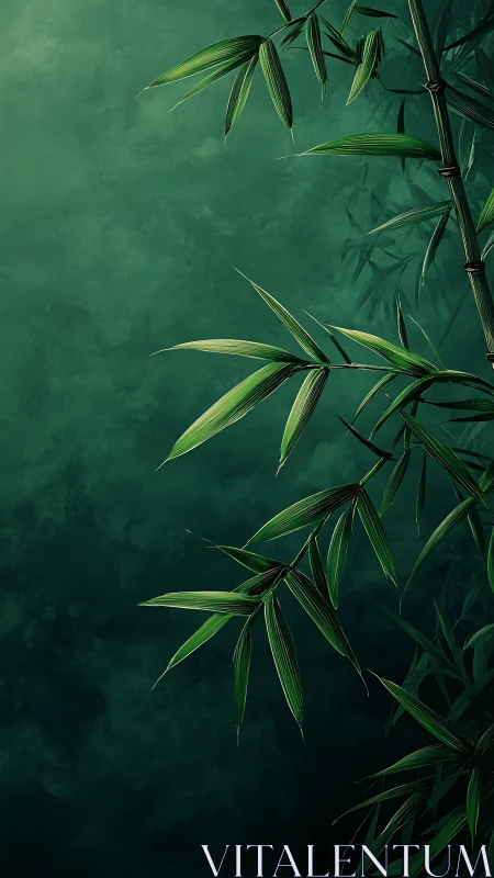 Emerald bamboo leaves unfold against a tranquil misted backdrop.