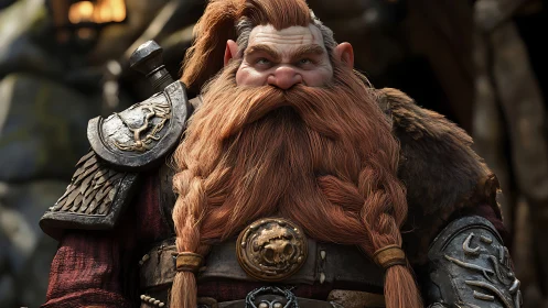 3D dwarven warrior portrait with ornate armor detailing.