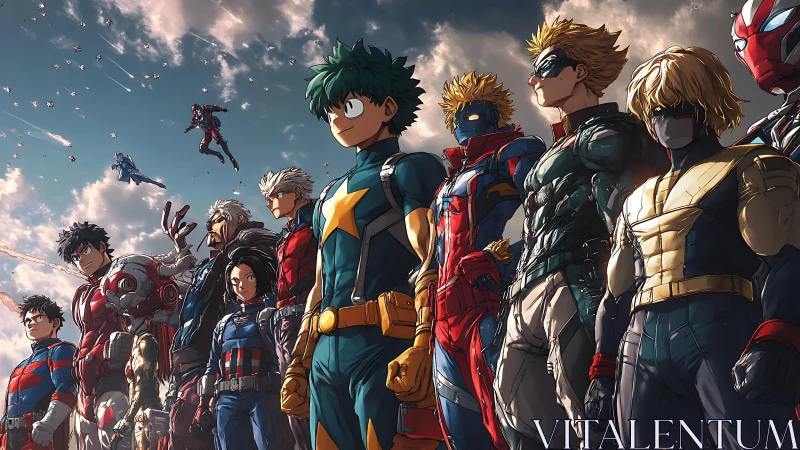 Heroic anime lineup under dramatic sunset sky horizon.