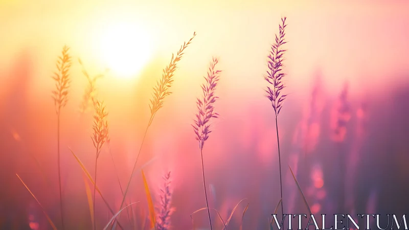 Backlit grass inflorescences in high-key sunset bokeh field.
