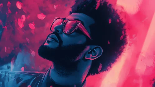 Neon bicolor portrait under polarized magenta cyan lighting.