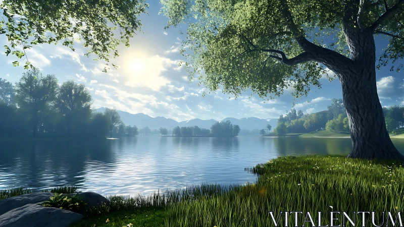 Serene lakeside sunrise under sweeping green oak branches.