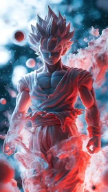 Stylized anime fighter figure in red and blue energy haze.