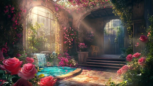 Sunlit Courtyard with Flowering Vines and Pool.