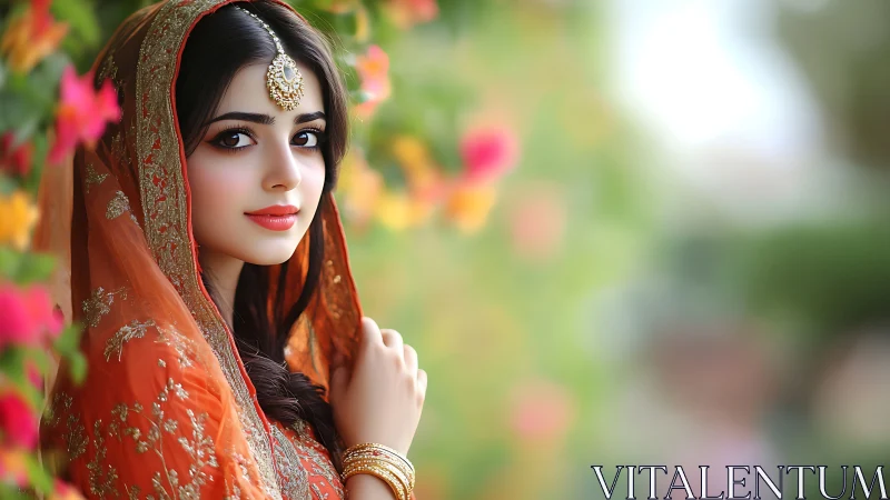 Bride in orange dupatta beside blurred garden blooms.