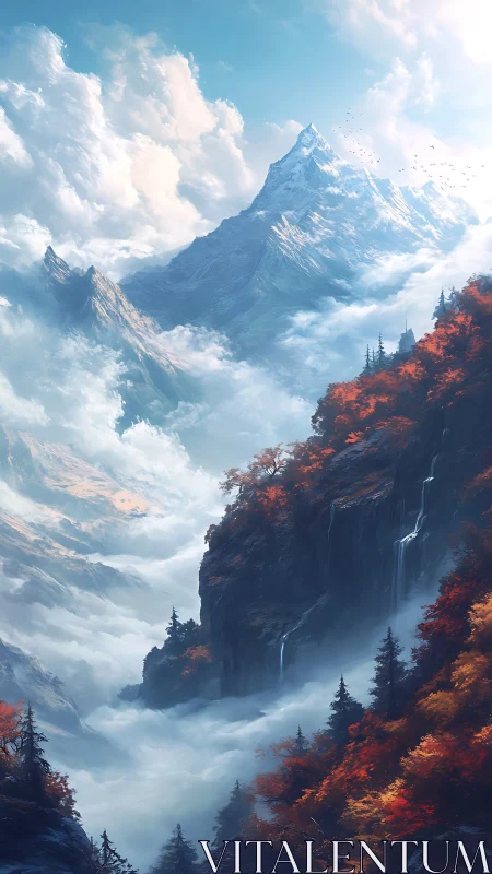 Snowcapped peak rises above misted valley and red forest