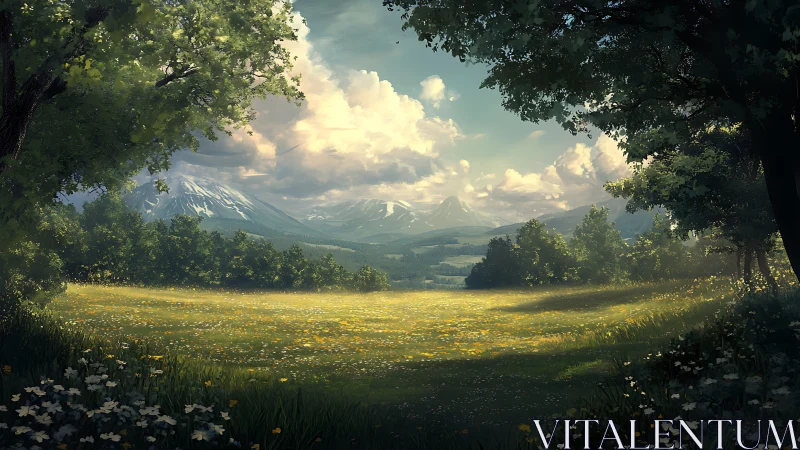 Mountain meadow with tree-framed foreground and clouds.