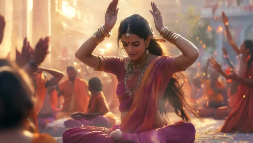 Indian woman meditating in vibrant festival setting, soft golden light.