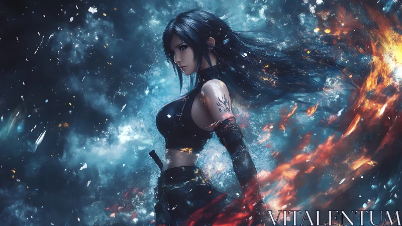 Female warrior in dark outfit amid swirling fire and ice.
