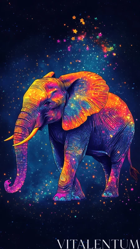 Starlit rainbow elephant wandering through a dreamy galaxy.