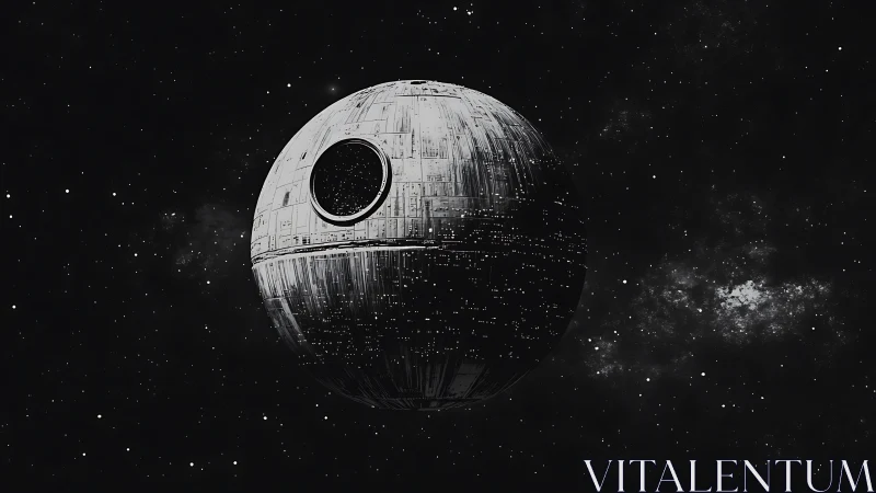 Brooding metal moon drifts alone in a star-speckled void.