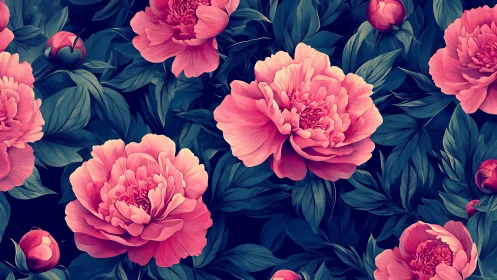 Pink Peonies with Dark Foliage. Digital Floral Art.