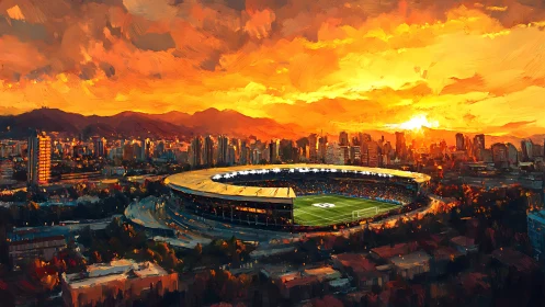 Sunset-illuminated urban stadium rendered in dense impasto strokes