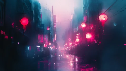 Neon lit urban street is rendered with symmetrical vanishing point