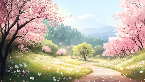 Spring valley path with blooming cherry trees and distant hills