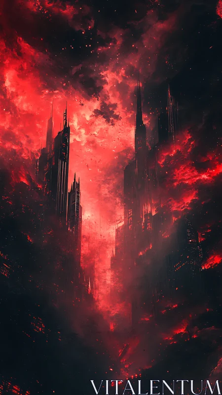 Cyberpunk inferno megastructures in vertical red voidscape.