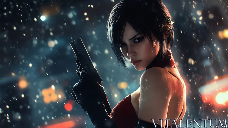 Woman with handgun in wet urban night scene under snowfall.