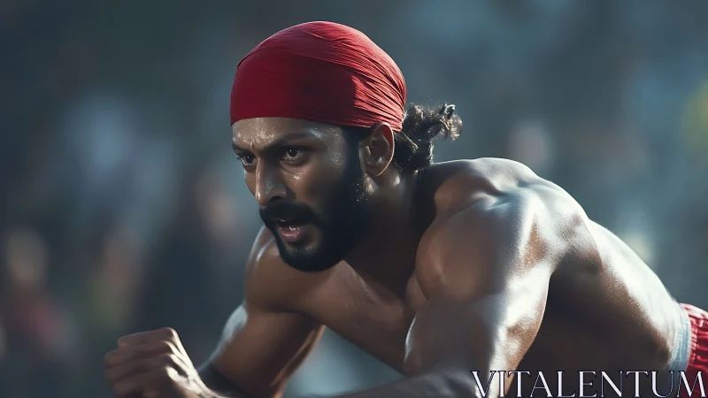 Male sprinter in red headwrap focused at race start.