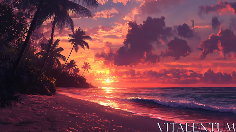 Glow of a tropical sunset wrapping a quiet palm beach.