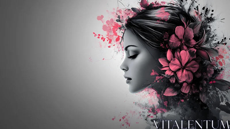 Monochrome muse crowned in electric fuchsia blossoms.