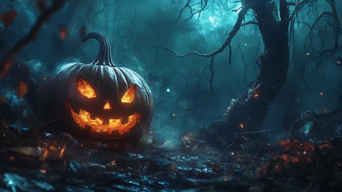 Glowing jack o’ lantern smiles warmly in a misty haunted forest