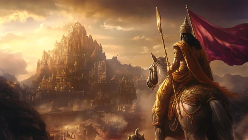 Warrior on horseback beholds a radiant ancient temple citadel