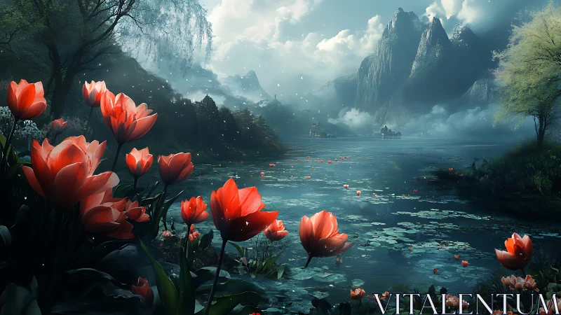 Crimson tulips glow beside a misty mountain lake at dusk