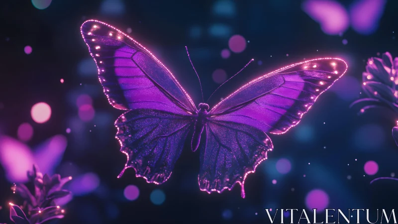 Glowing Purple Butterfly in Magical Neon Fantasy Art Style.