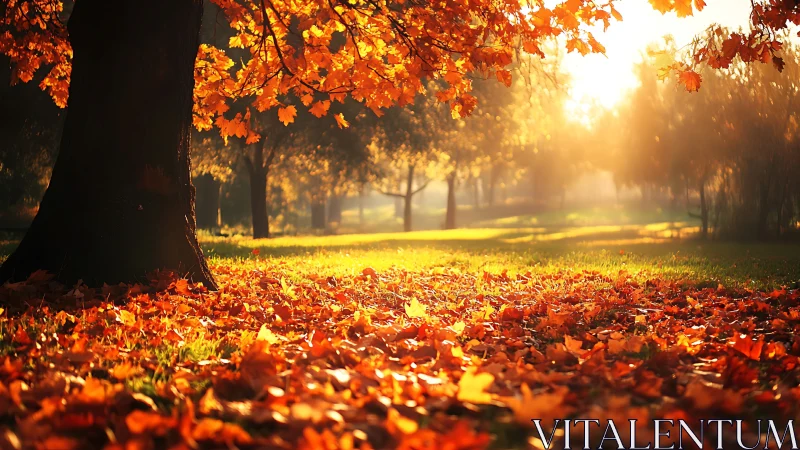 Golden autumn park bathed in gentle morning sunlight.