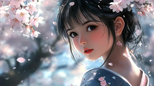 Soft spring gaze beneath drifting cherry blossoms.