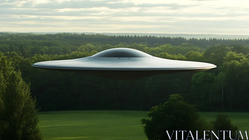 Disc-shaped metallic craft hovers over dense forest canopy at dawn