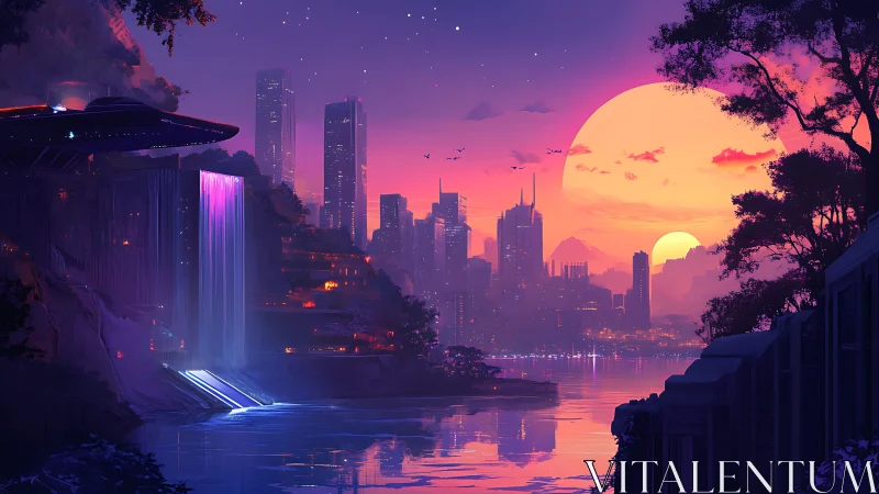 Neon waterfall megastructure beside retrofuturist sunset skyline