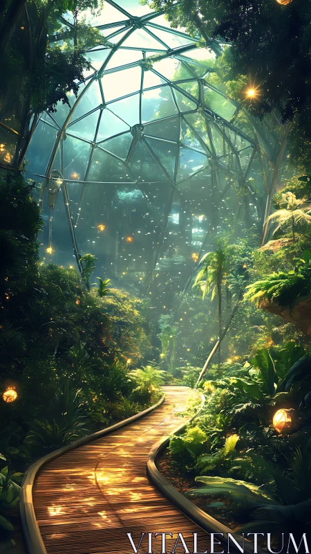 Luminous forest pathway curves under futuristic glass dome