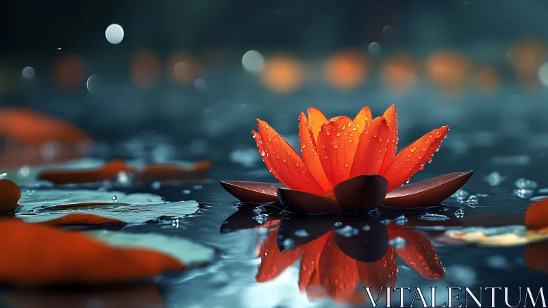 Red water lily with raindrops floats on reflective water