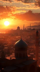Sunlit Islamic domes over dense desert city at golden hour