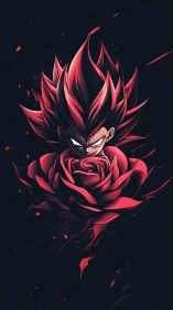 Stylized spiky-haired figure emerging from red rose form.