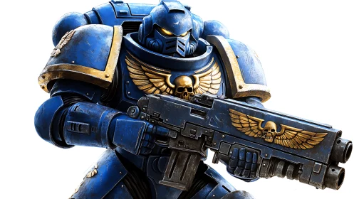 Armored space warrior in bold blue and gleaming gold armor.
