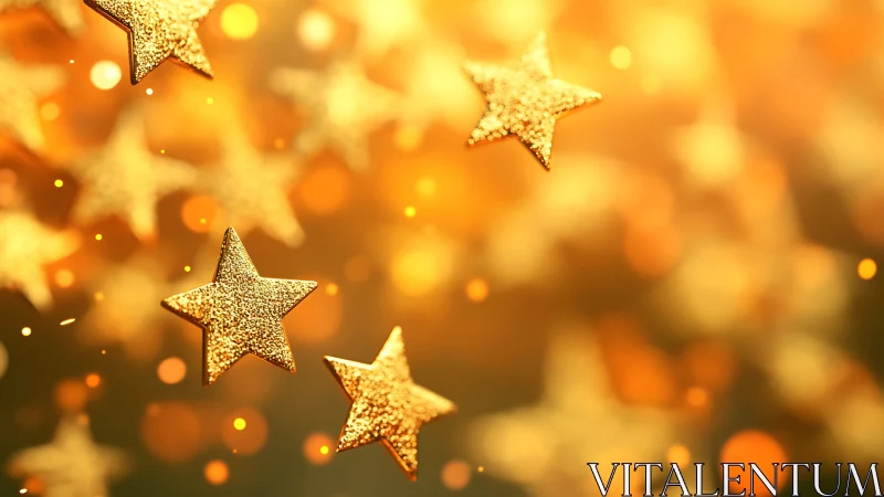 Photorealistic golden star confetti with bokeh depth field.