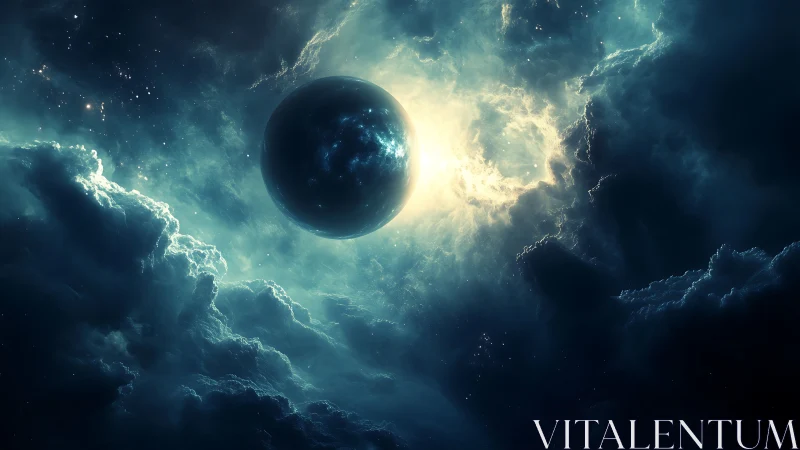 Backlit exoplanet sphere suspended in dense volumetric nebula glow