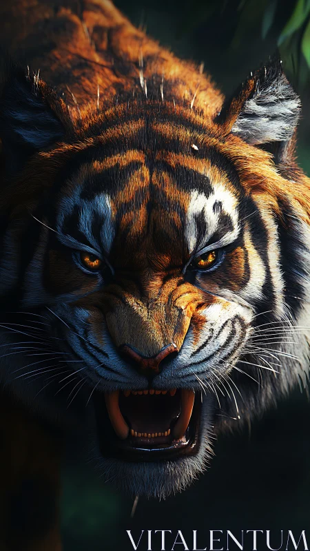 Snarling tiger lunges from shadow with intense golden glare