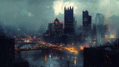 Rain-soaked river city skyline glows through dense neon fog
