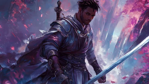 Swordmage stands in luminous forest canyon, cloak billowing