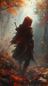 Hooded wanderer strides through an ember-lit autumn forest