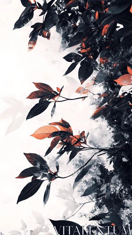 Crimson leaves drift upward through ink-washed negative space
