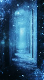 Interstellar stone corridor dissolving into luminous blue void