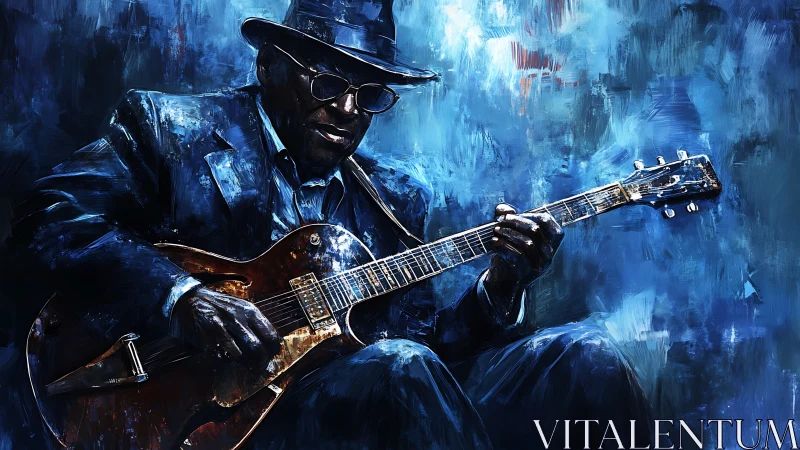 Blues guitarist in midnight blue suit with hollow body electric